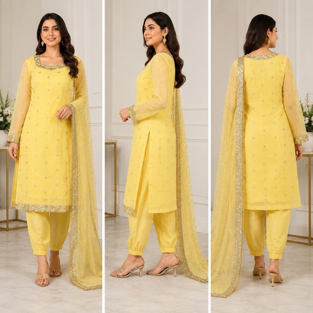 Women's Yellow Indian Pakistani 4 Piece Kurta Suit Dupatta Pants Top A10